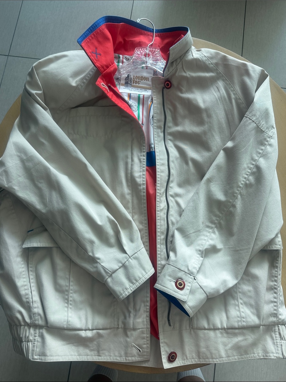London Fog Light Cream Raincoat with Red Trim